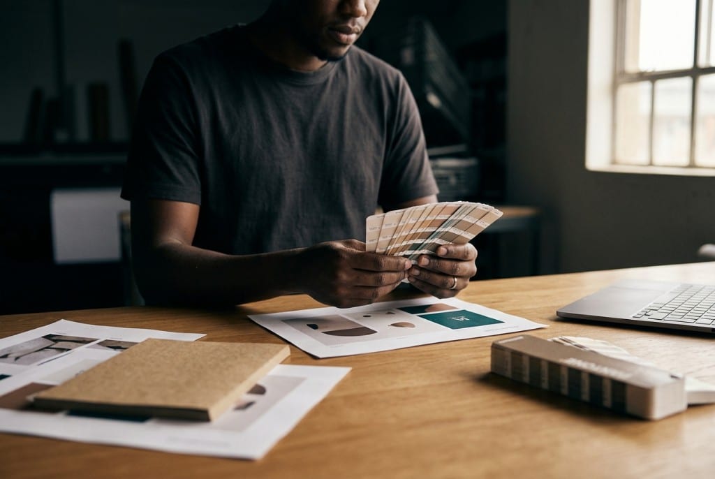 Designer at a wooden desk reviewing a fan of neutral colour swatches over printed mockups