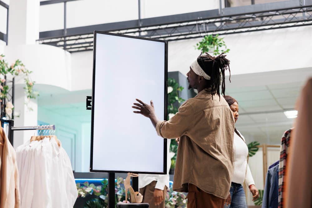 Person setting up a display board in a retail space